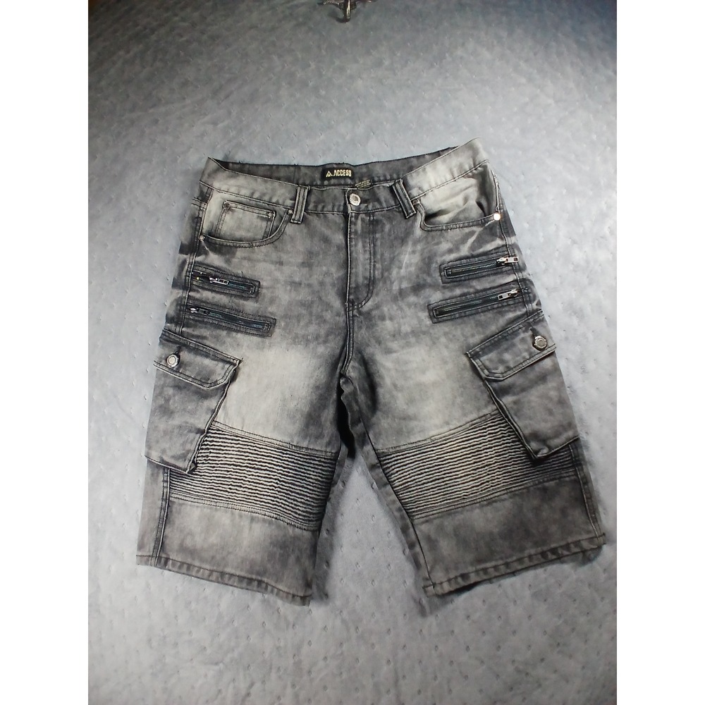 Access Mens Grey Acid Wash Moto Biker Cargo Denim Shorts Size 36 Streetwear